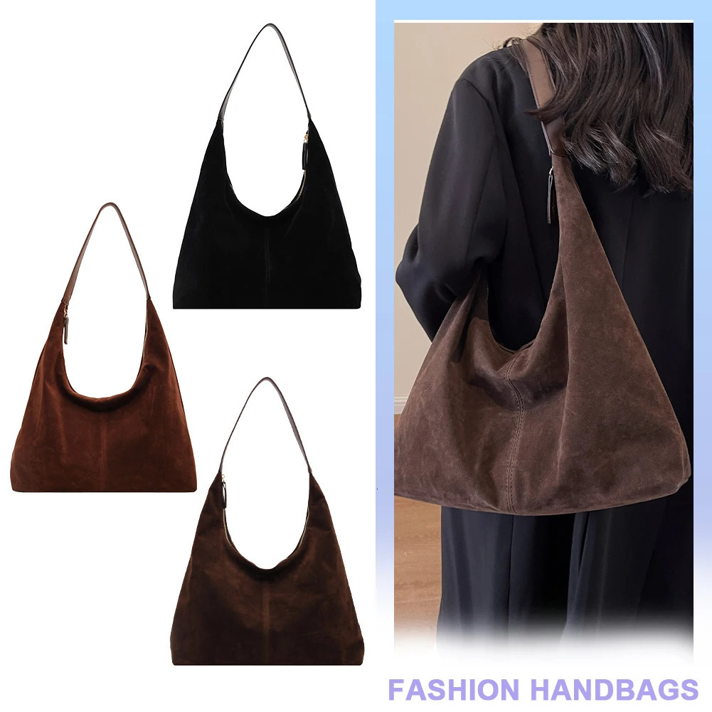Women Suede Tote Bag with Zipper Shoulder Bag PU Leather Large Capacity Hobo Bag Solid Slouchy Bag Travel Bag 250324