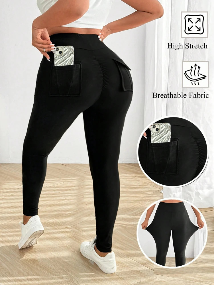 Plus Size Womens With Pockets Legging Sports Yoga Fitness Pants Weight Loss Hip Lifting Polyester Material 250324Z