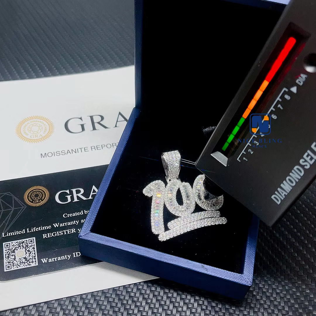 Hip Hop Jewelry Custom Charm Lucky Number 100 Pendant Baguette VVS Moissanite Pendant Iced Out Necklace