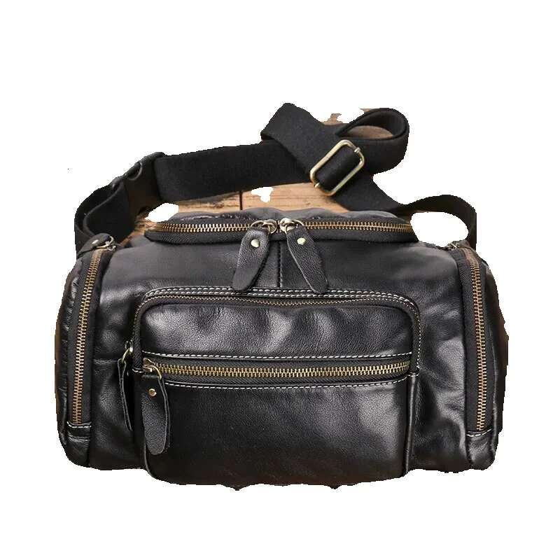 LUOKIR Genuine Men's Chest Large Capacity Oil Leather Waist Bag, Sports Cowhide Shoulder Crossbody Bag