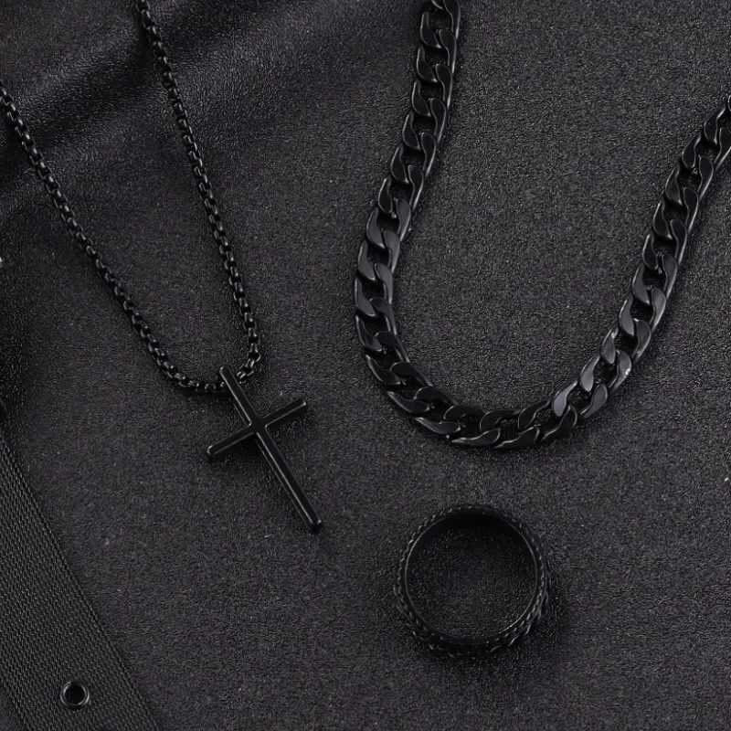 3 pieces/set Punk Black Cross Pendant Necklace Thick Chain Bracelet Ring Fashion Jewelry Set for Men Autumn W250325