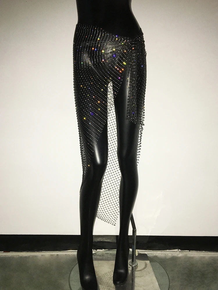 Glitter Rhinestone Bandage Skirt Sexy See Through Hollow Out Bikini Cover Up Skirt Summer Beach Party Rave Festival Mini Skirt 250324