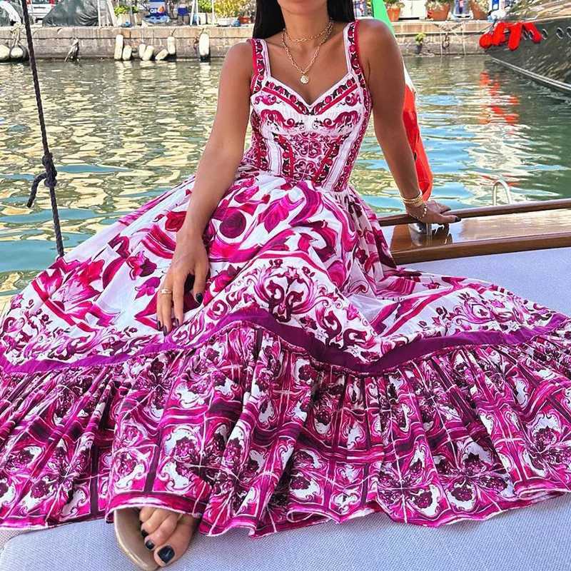 Runway 2024 Summer Runway Red White Porcelain Floral Print Long Maxi Beach Dresses Women Straps Sundress X250324