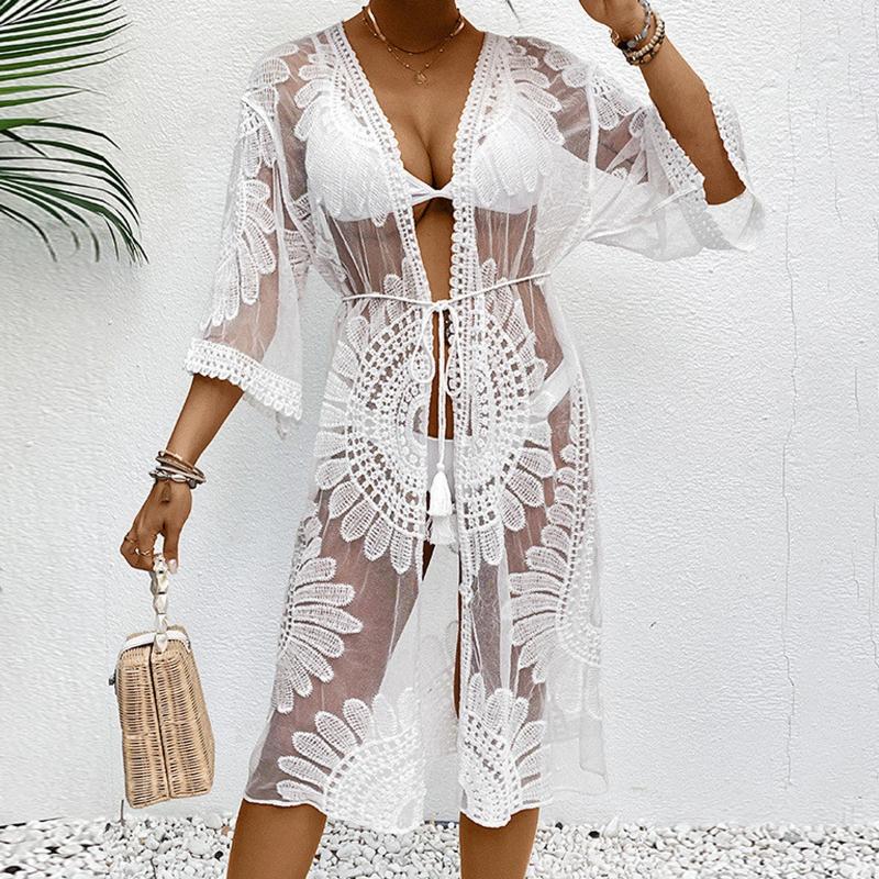 Imcute Women Bikini Cover Up Floral Embroidery See-Through Lace Beach Kimono For Swimsuit Bathing Suit Summer Clothes