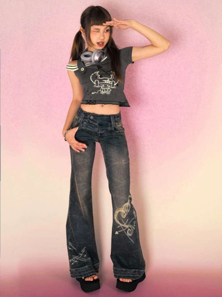 Rockmore Y2k Low Rise Flare Jeans For Woman Streetwear Aesthetic Print Jean Pants Vintage Washed Denim Trouser Grunge Fairycore