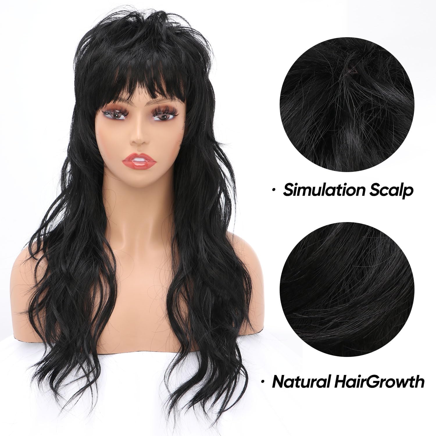 80s 90s Mullet Wigs Pixie Cut Wigs with Bangs for Black Women, Wolf Wig Wavy Long Black Synthetic Split Fringe Mullet Wig for Women Long Cosplay wig(2