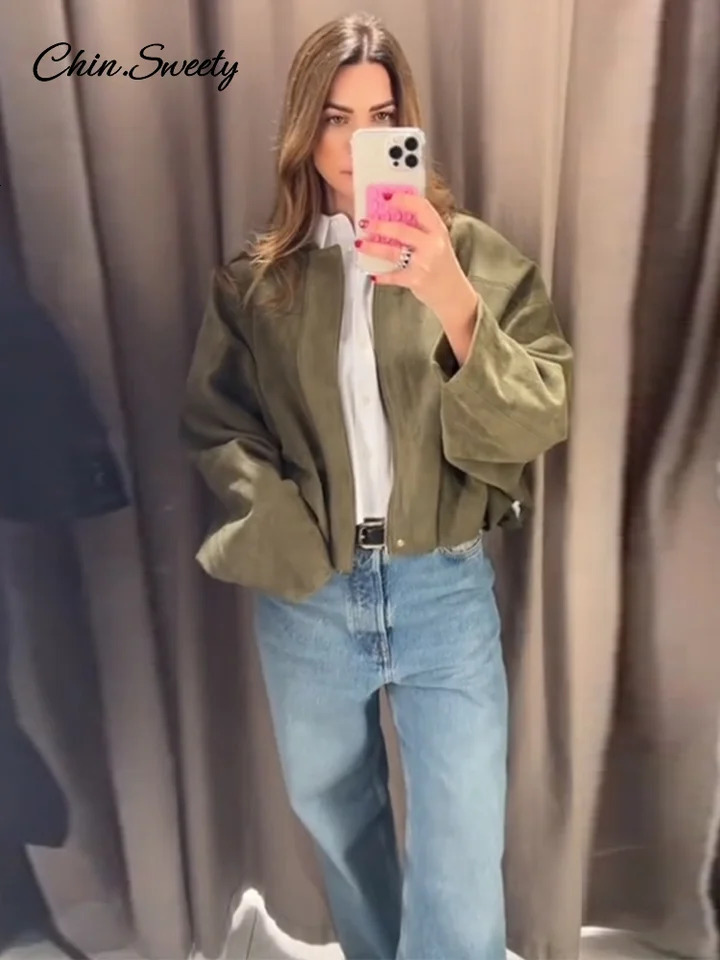 Brown Green Suede Jacket Women Lapel Zipper Long Sleeve Pockets Bomber Coat 2025 Spring Autumn Lady Loose Motorcycle Outwears 250325