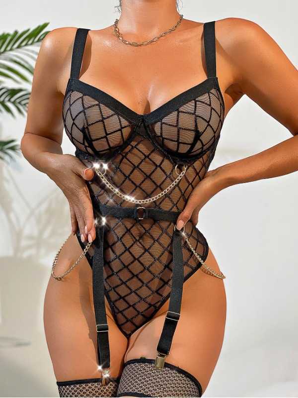 perspective women sexy underwear mesh chain sexy backless high waisted tight fitting jumpsuit 250315