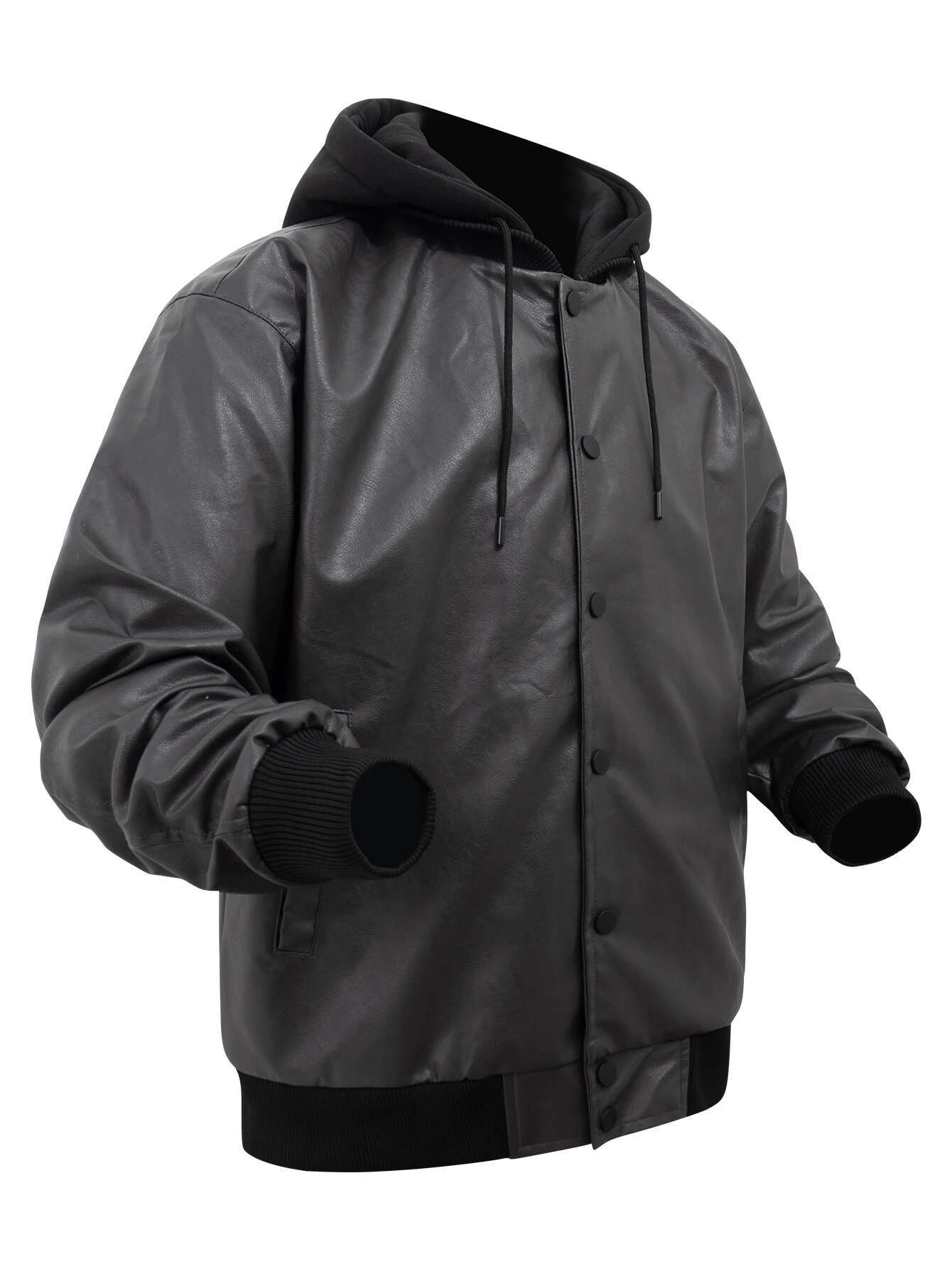 Men's Vintage Jackets Black False Two-Piece Hooded Pu Coats Loose Faux Leather Motorcycle Boomber Jacket For Fall&Winter