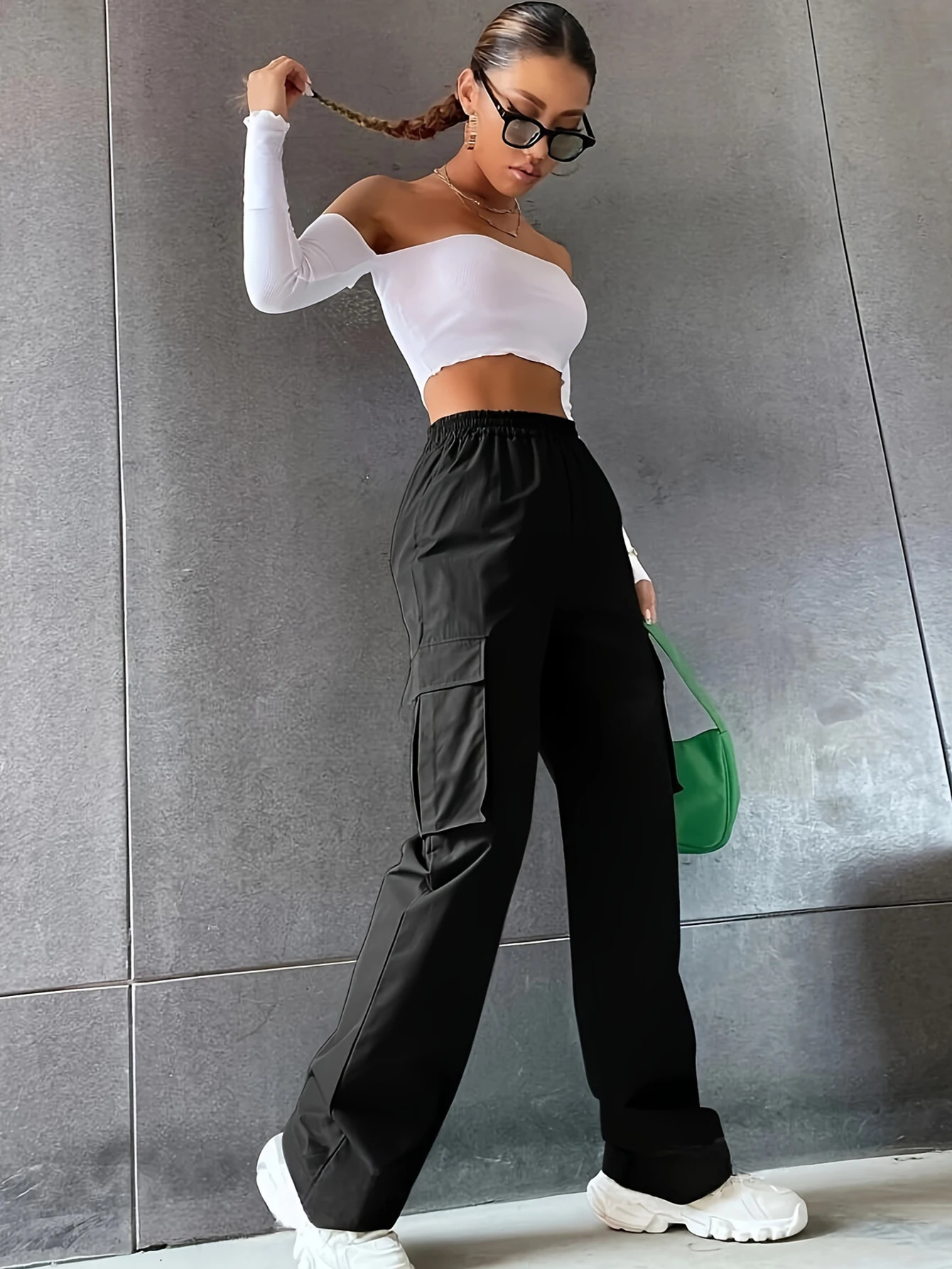 Trendy 2025 Womens Casual Summer Solid Black Wide Leg Pocket Pants Y2K Street Long Sports 250324Z