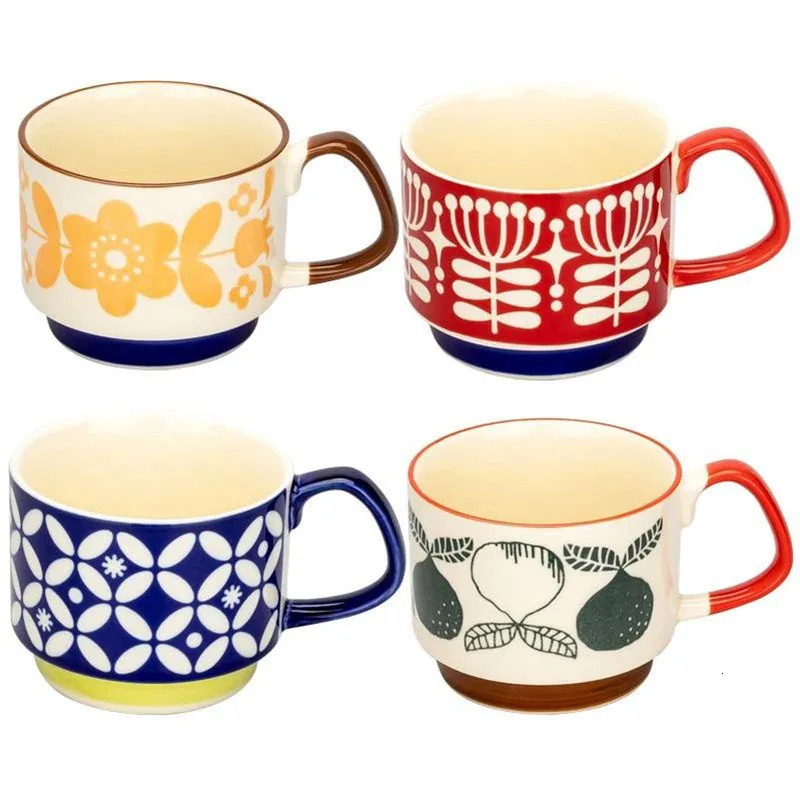 300ml Japanese Flower Coffee Cup Set Retro Ceramic Milk Oat Office Water Handle Kitchen Party Beverage 250325