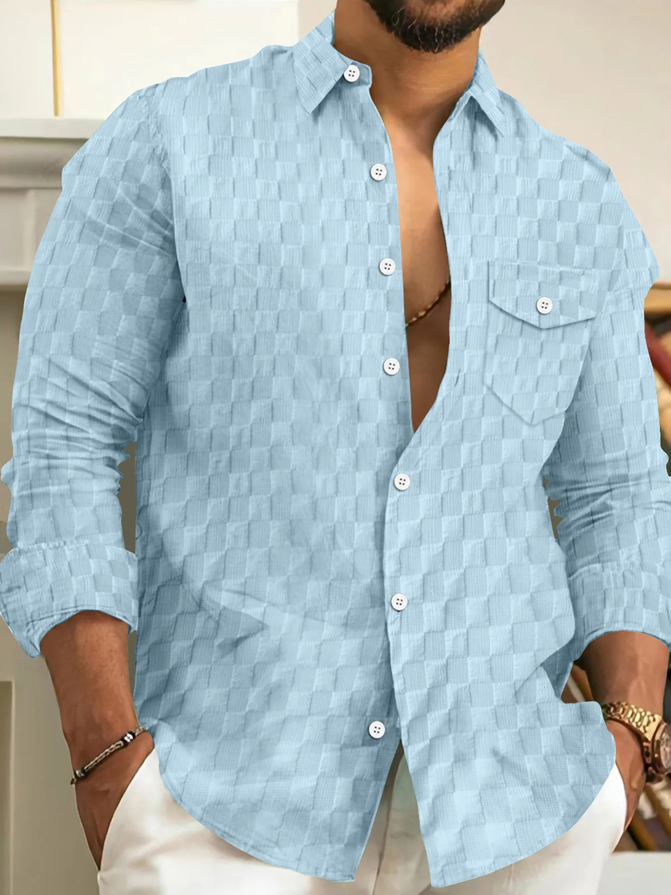 Mens highquality casual comfortable checkered chest solid color lapel button long sleeved cardigan 250311