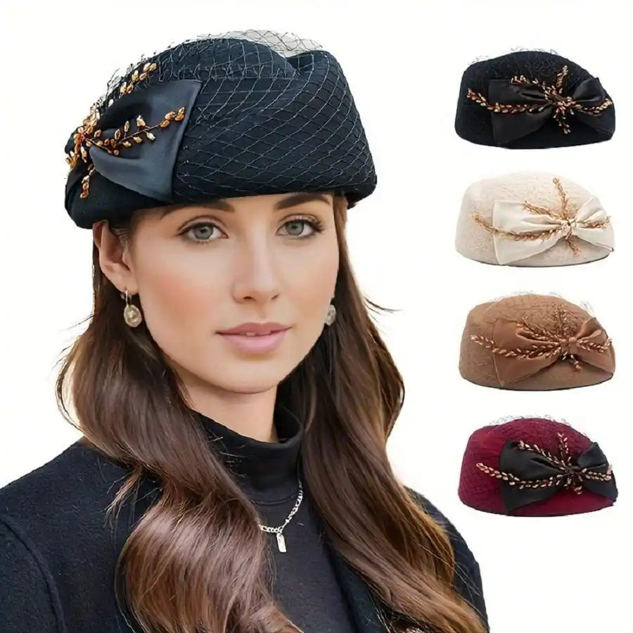 Womens temperament mesh top hat wool felt hat British retro hat fashionable bow beret hat 250322