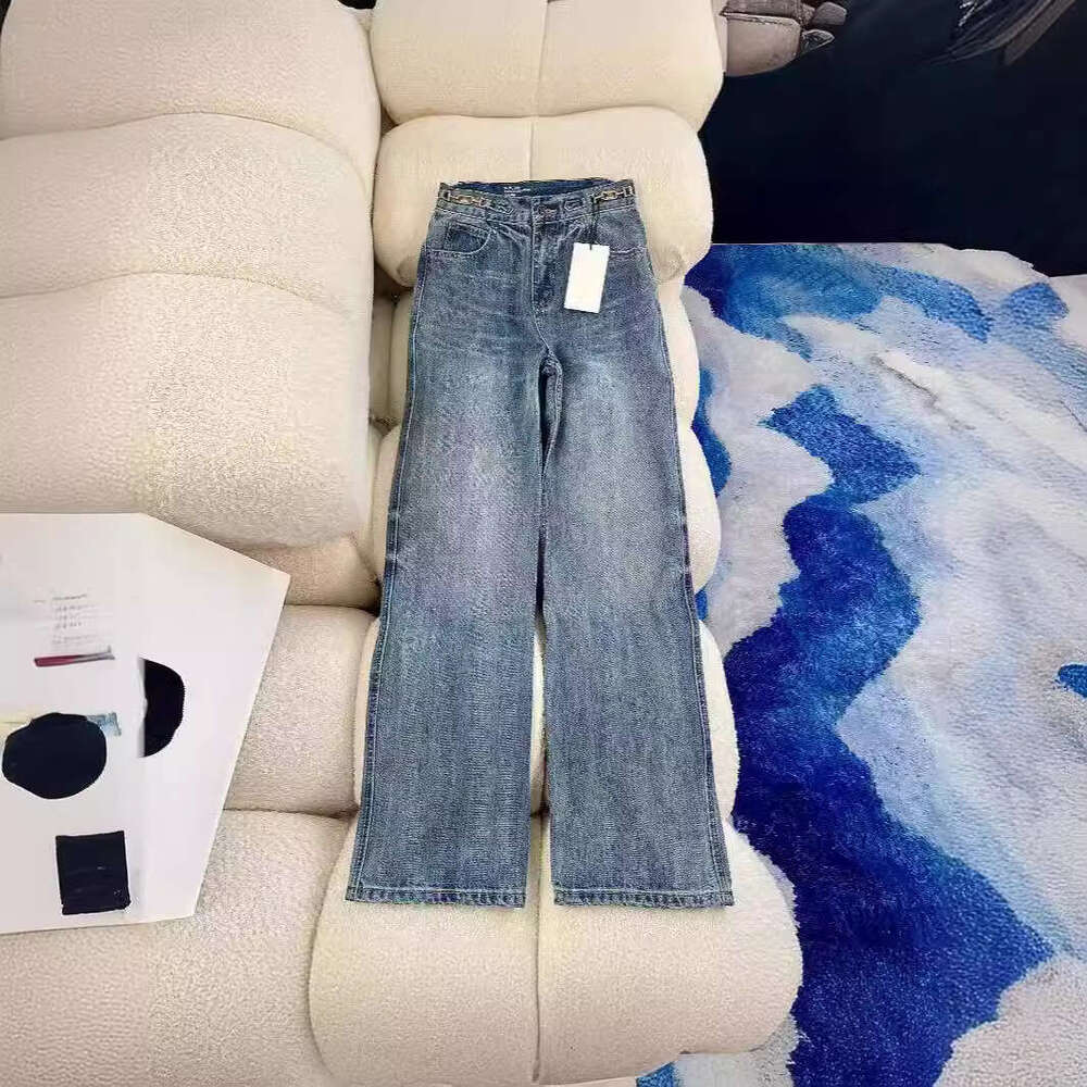 High End Spring New Pants Chain High Waist Slimming Wide Straight Leg Jeans For Women B5