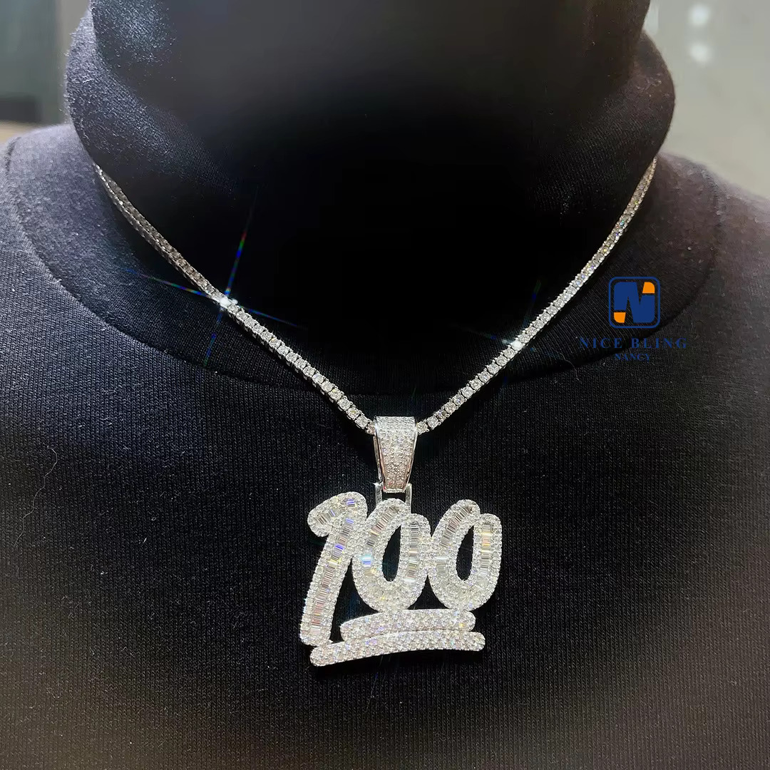 Hip Hop Jewelry Custom Charm Lucky Number 100 Pendant Baguette VVS Moissanite Pendant Iced Out Necklace