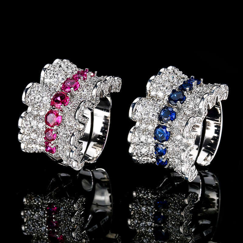 Zhuang Shengsheng Jewelry Copper Bottom Gold Plated Simulated Red Corundum Finger Wind pleated Skirt Inlaid Diamond Row Ring