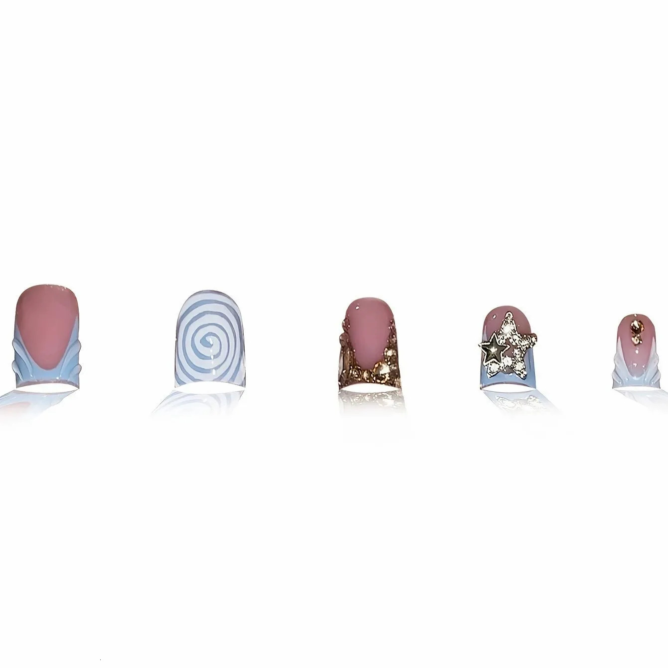 24 pieces of short duckbill fake nails wearable blue French fake nails Star Flash Rhinestone decoration gradient y2k nail press nails 250324