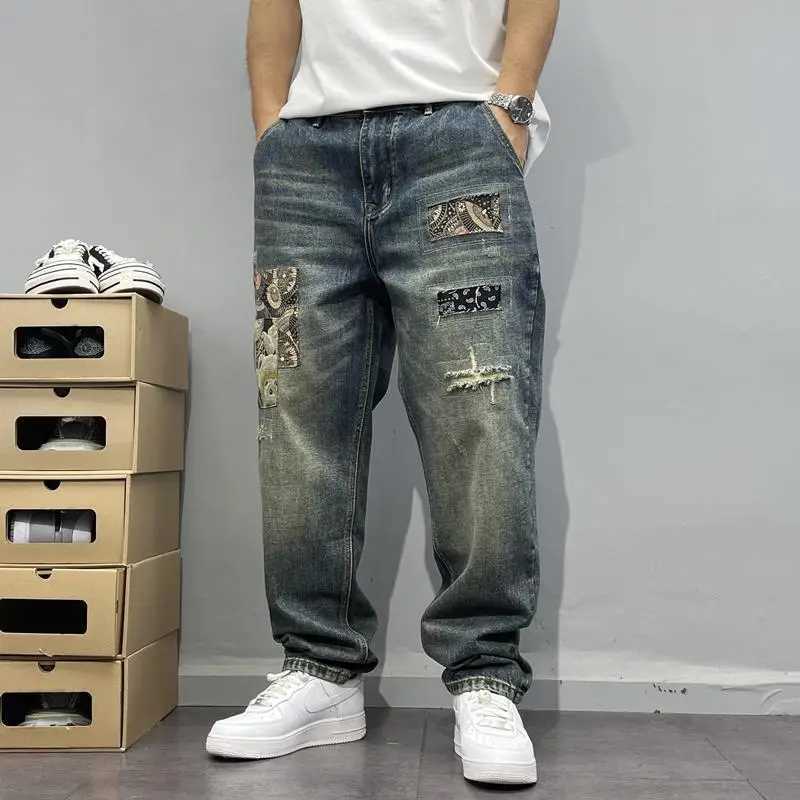 Men's Pants Laundry retro patched work jeans with patches mens loose straight leg pants street trend z250325