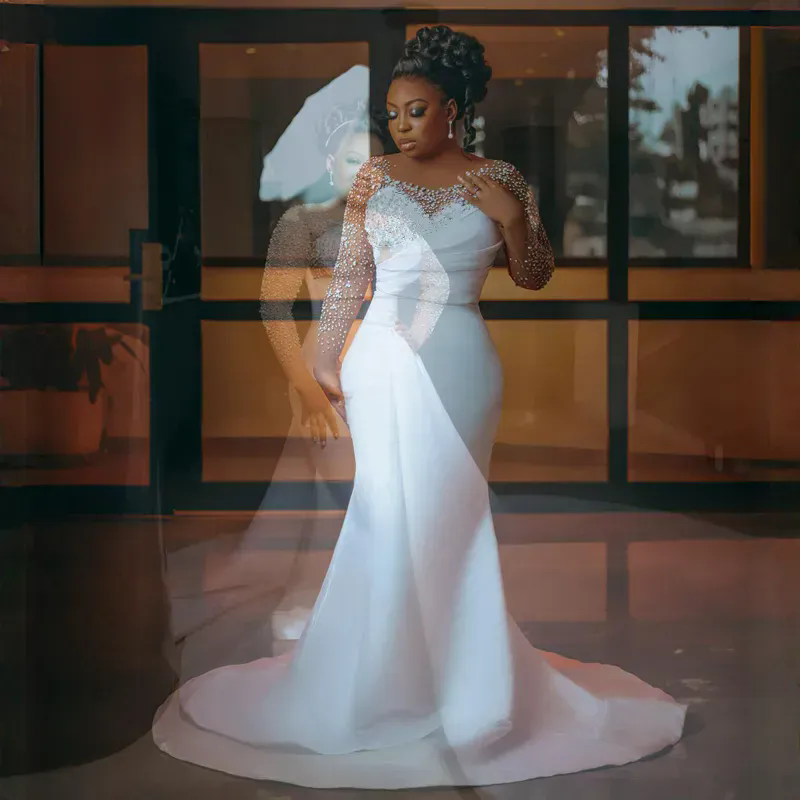 Plus Size Aso Ebi Mermaid Wedding Dresses Sheer Neck Long Sleeves Beaded Bridal Gowns Crystals Illusion Trumpet Brides Dress Bride With Detachable Tra