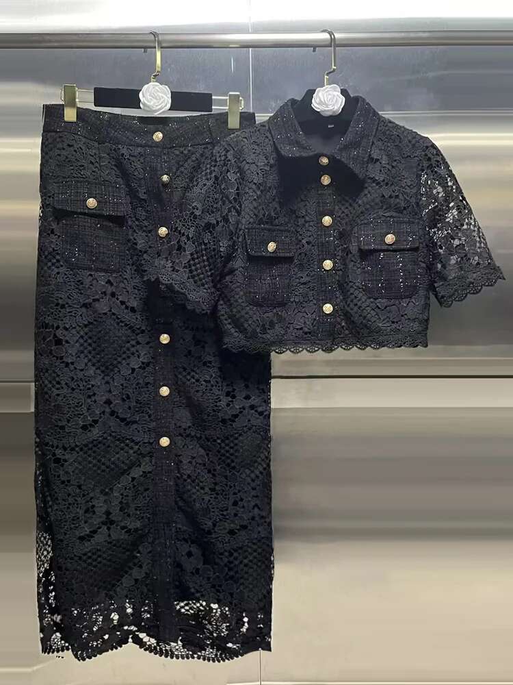 Hollow Out Embroidery Two Piece Set For Women Lapel Short Sleeve Tops High Waist Long Skirts Slimming Sets Female Fashion