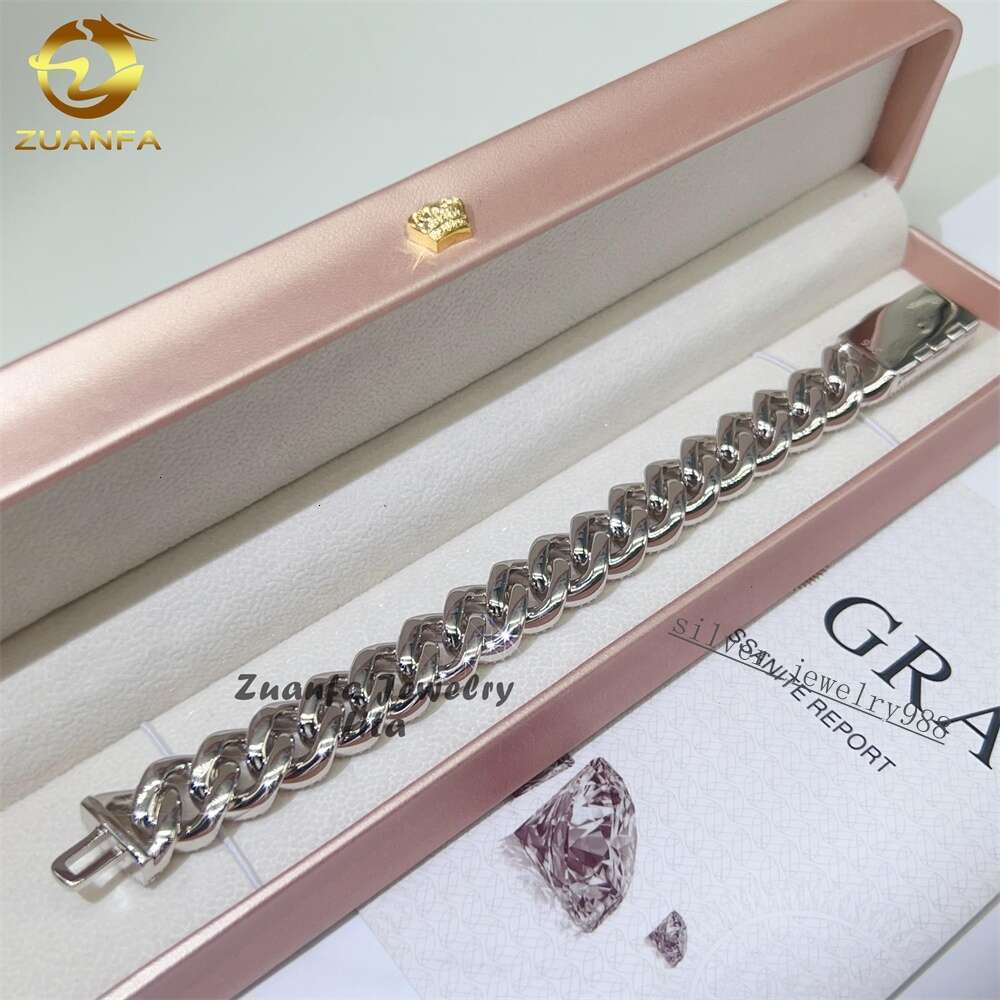 Hip Hop Rapper Silver 925 Mens Jewelry Iced Out Diamond 15mm 3 Rows Moissanite Cuban Link Chain Bracelet