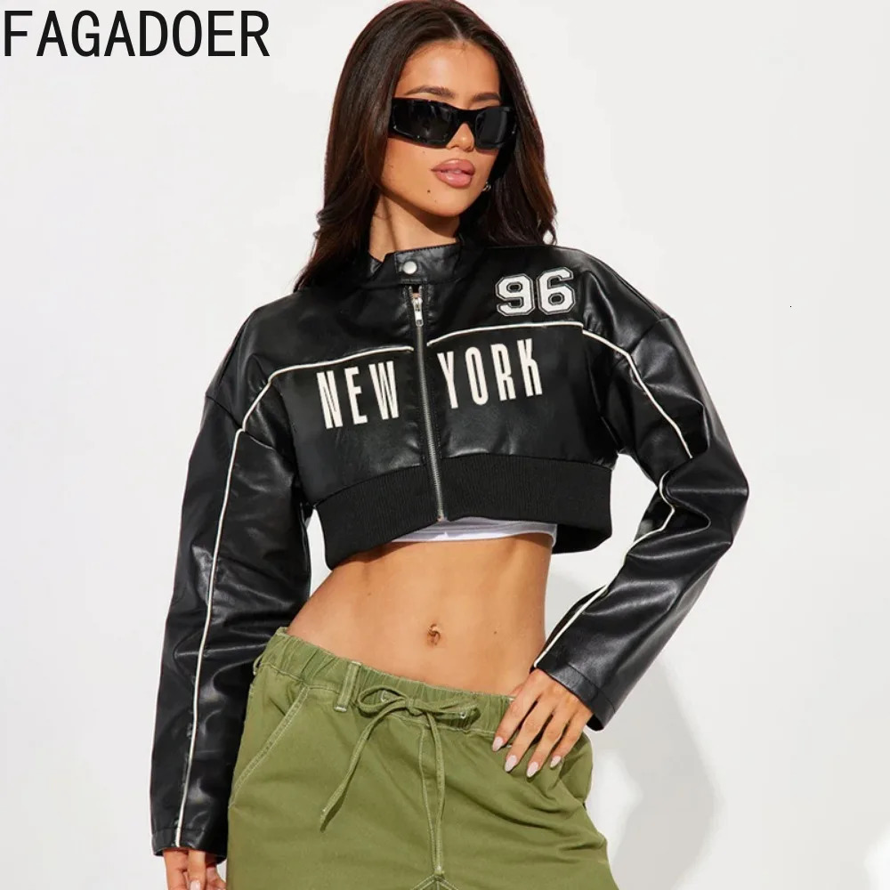 FAGADOER Y2K Leather Jacket Womens Black Letter Printed Motorcycle Punk Coat Zipper Cut Jacket Girl Street Clothing 250322