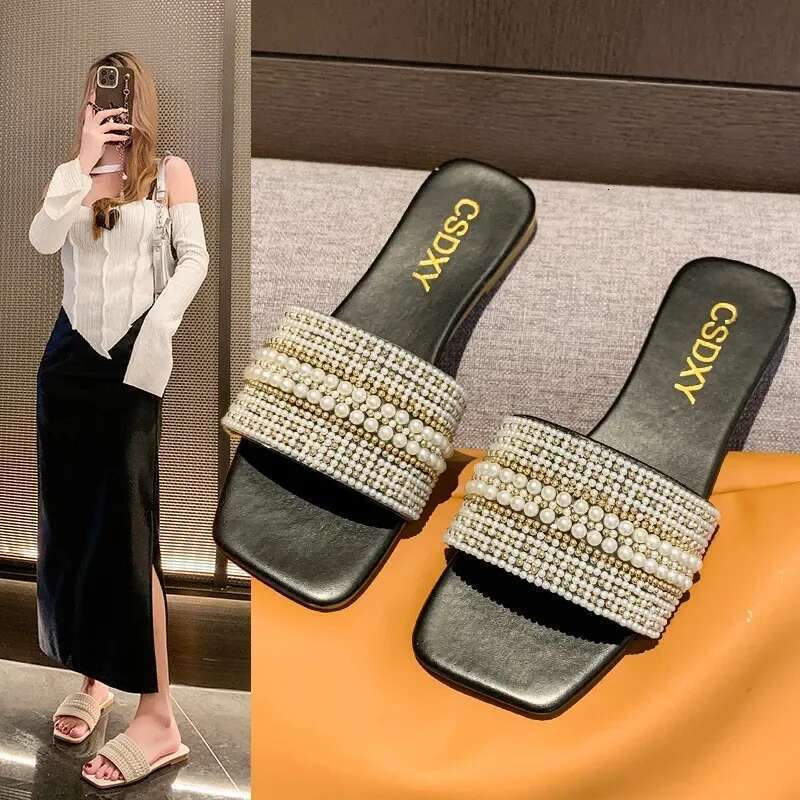 Designer Flat square head women's slippers casual everything home bedroom beach shoes