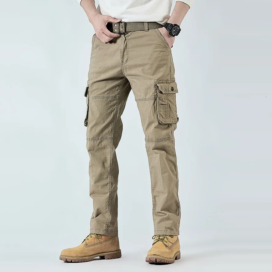2025 mens cargo pants straight leg cotton stretch tactical Trouser military outdoor camping fishing casual work clothes khaki 250322