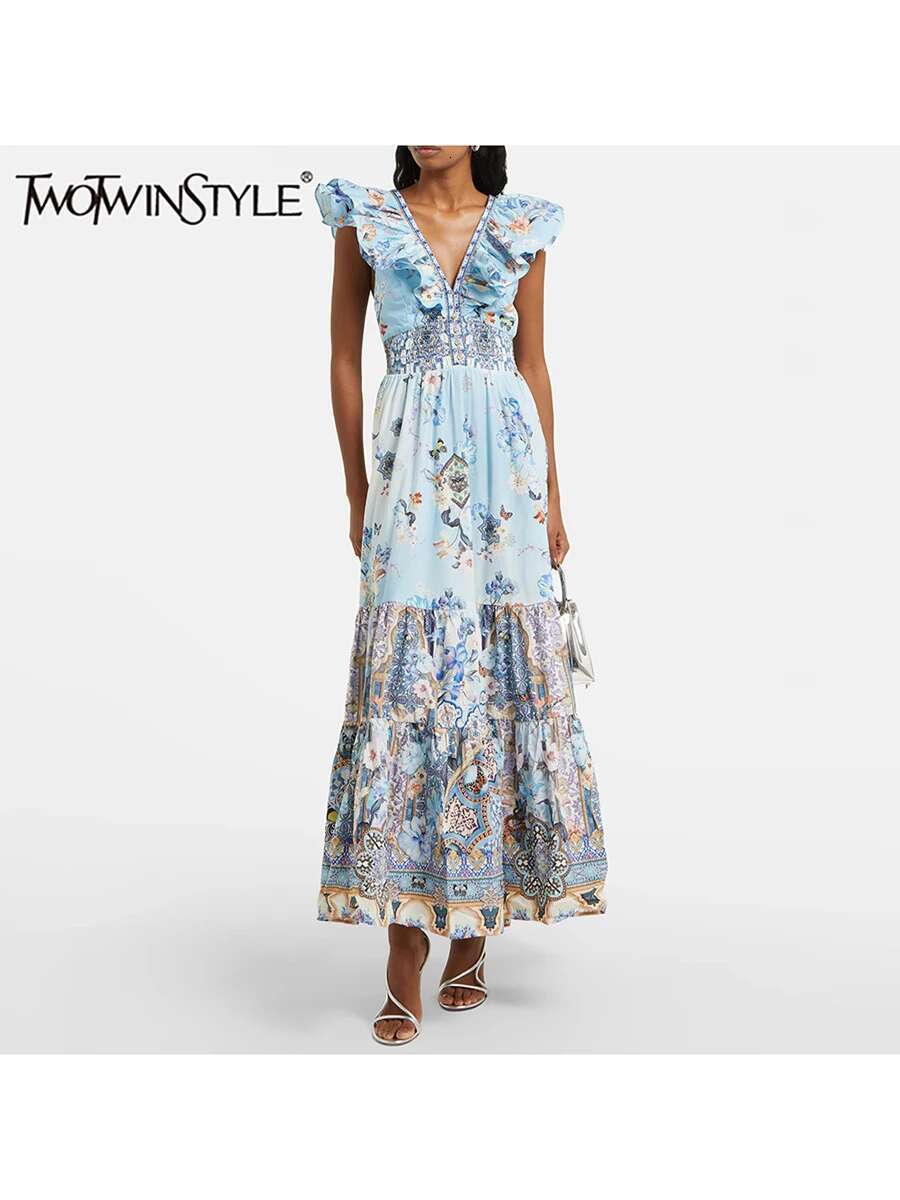 TWOTWINSTYLE Printing Slimming Dresses For Women V Neck Sleeveless High Waist Temperament Dress Female Fashion Style New Clothes