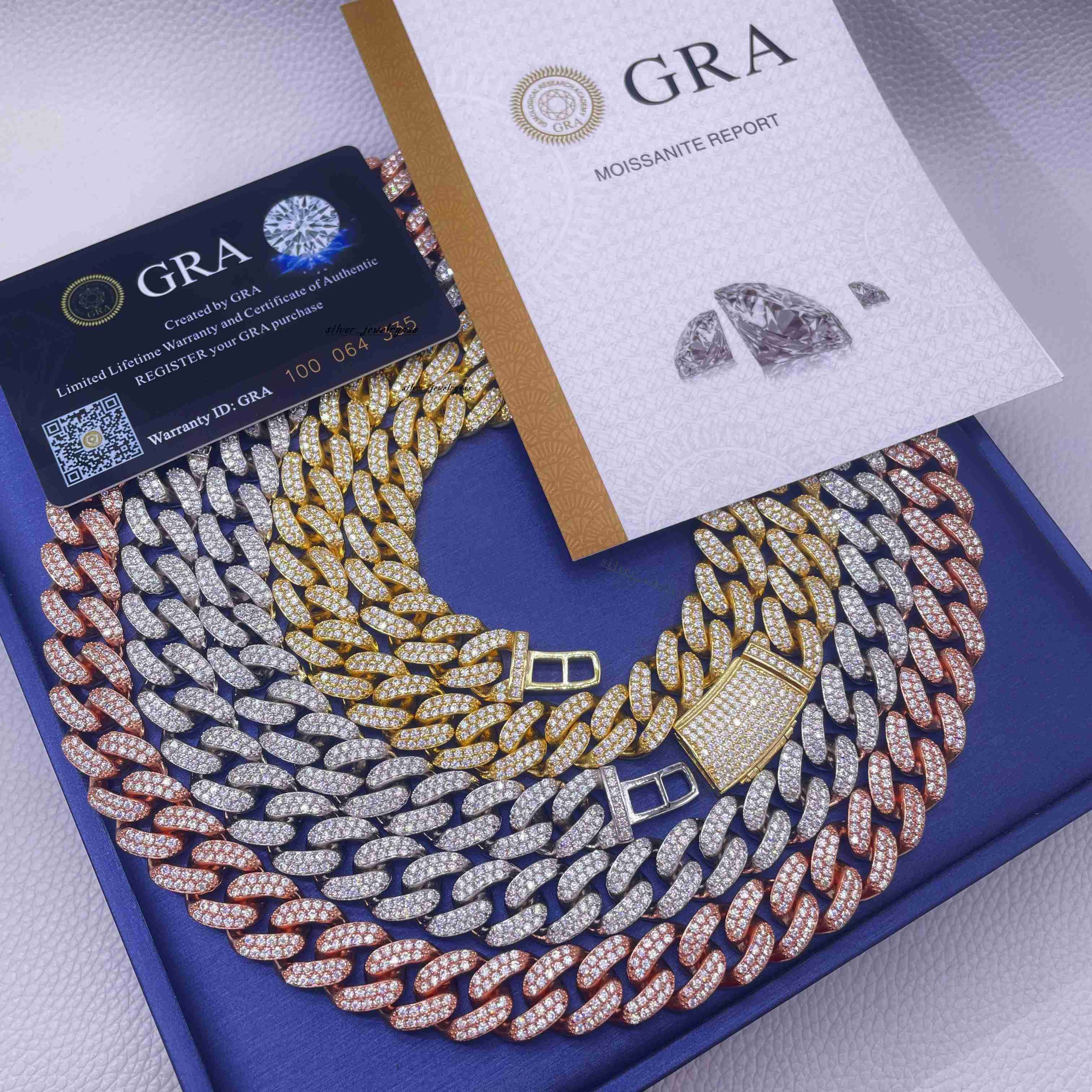 Trendy Jewelry 14mm Hiphop Chain S925 Two Rows Vvs Moissanite Diamond Iced Out Fashion Cuban Link Chain