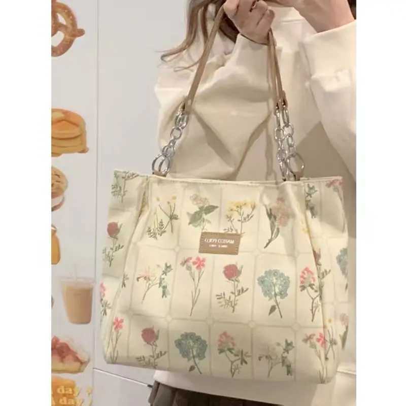 Miyagawa Womens 2024 Large Capacity Canvas Bag Printed Flower Handheld Classroom Commuter Single Shoulder Handbag Z250324