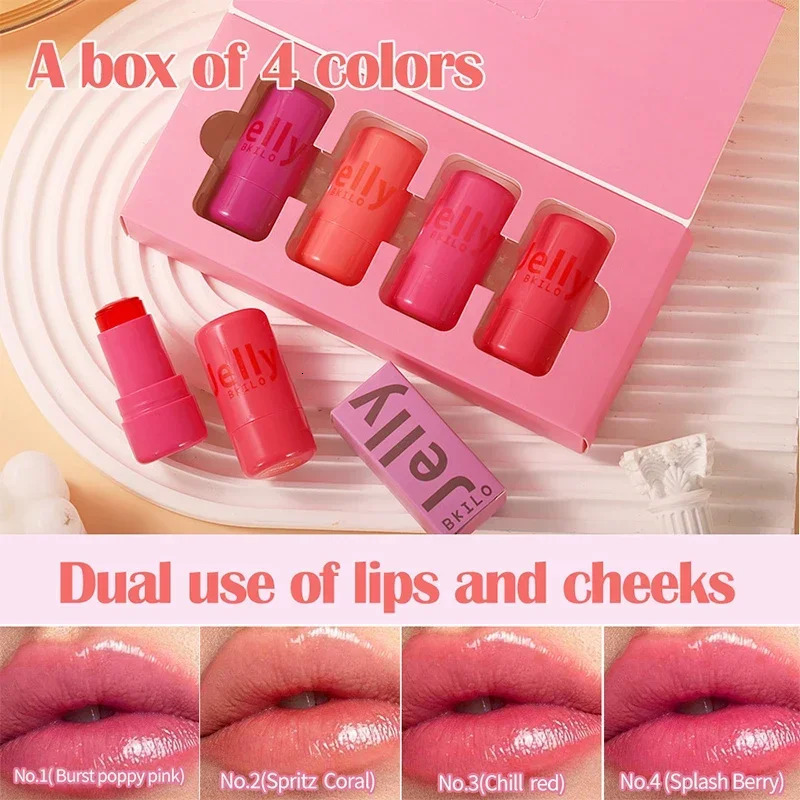 4pcs Set Jelly Cheek Blush Tint 3-in-1 Transparent Moisturized Blusher Facial Contour Rouge Lip Stick Long Lasting Rouge Makeup 250324
