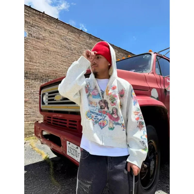 American retro rock letter printed hooded sweatshirt Harajuku loose fit couple matching casual streetwear 250324