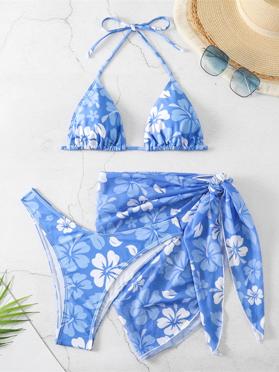 2024 Printed Slips 3Piece Bikini Skiing Swimsuit Womens Bathtub 250321