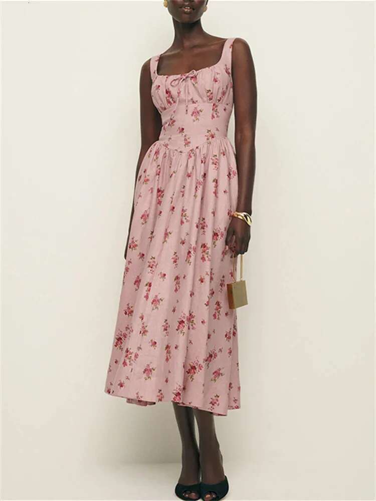 Women Pink ral Print en Mid Length Dress Summer New Sleeveless Slim Ladies Elegant Vacation Square Collar Lace Up Robe