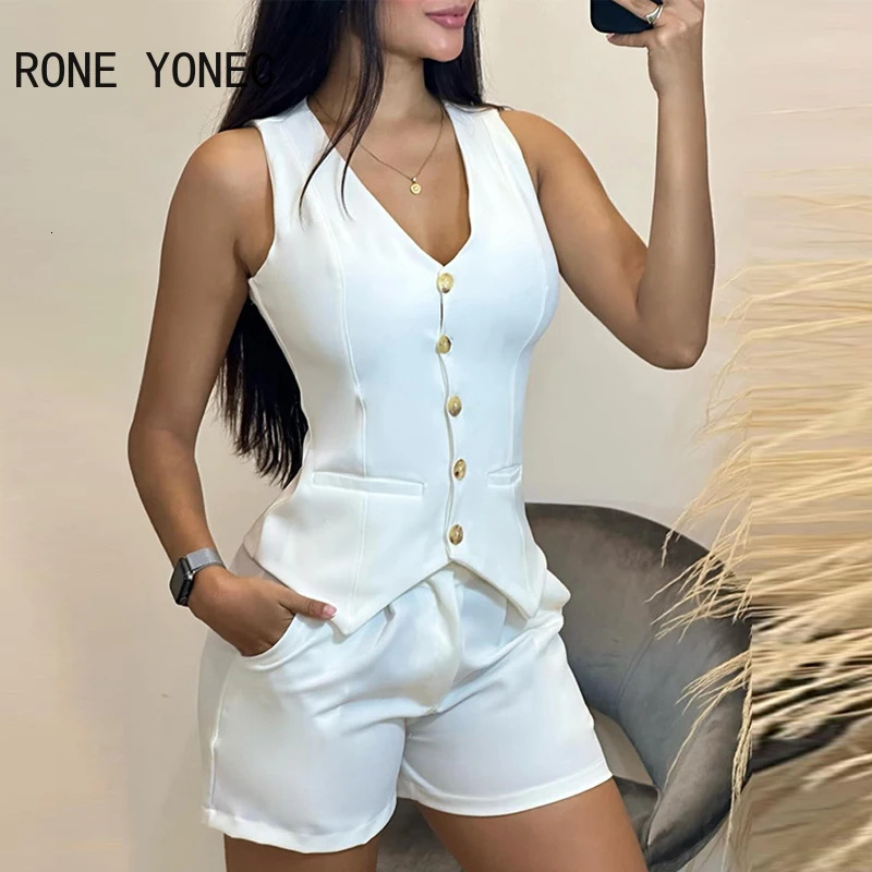 Women Buttoned V-Neck Vest Top Shorts Set Blazer Women Suits 250322