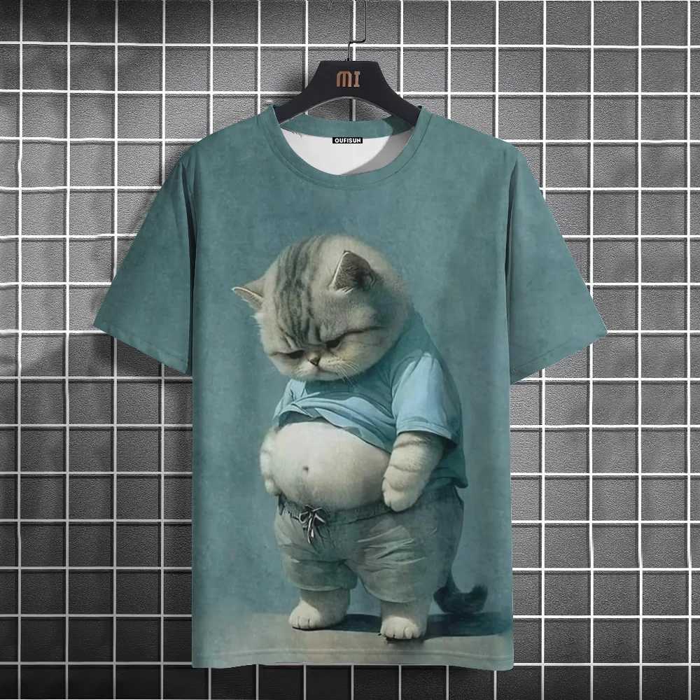Interesting mens T-shirt animal cat 3D printed short sleeved summer casual breathable T-shirt mens loose oversized T-shirt W250324