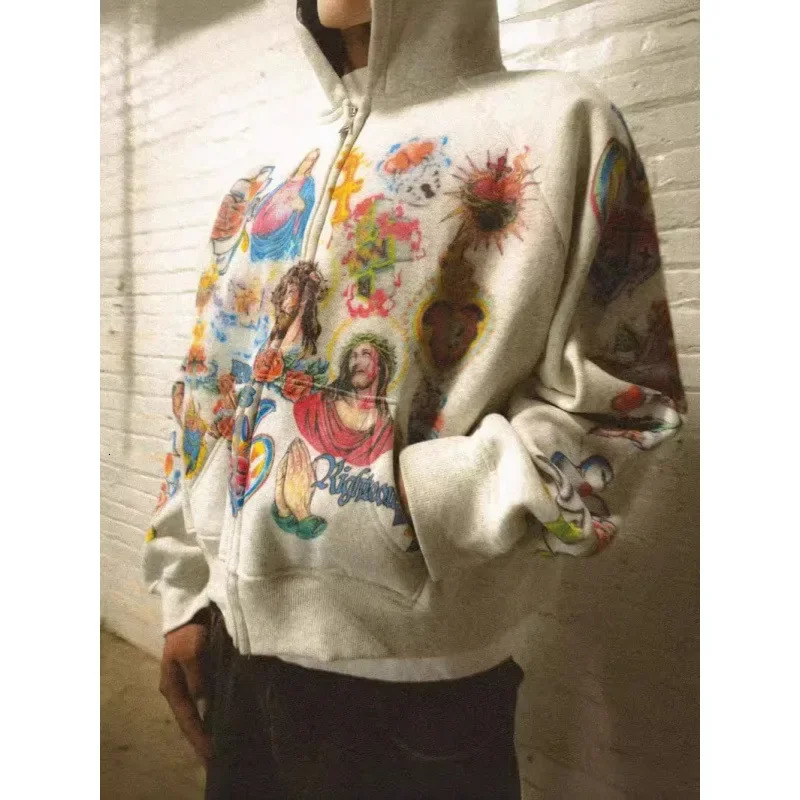 American retro rock letter printed hooded sweatshirt Harajuku loose fit couple matching casual streetwear 250324