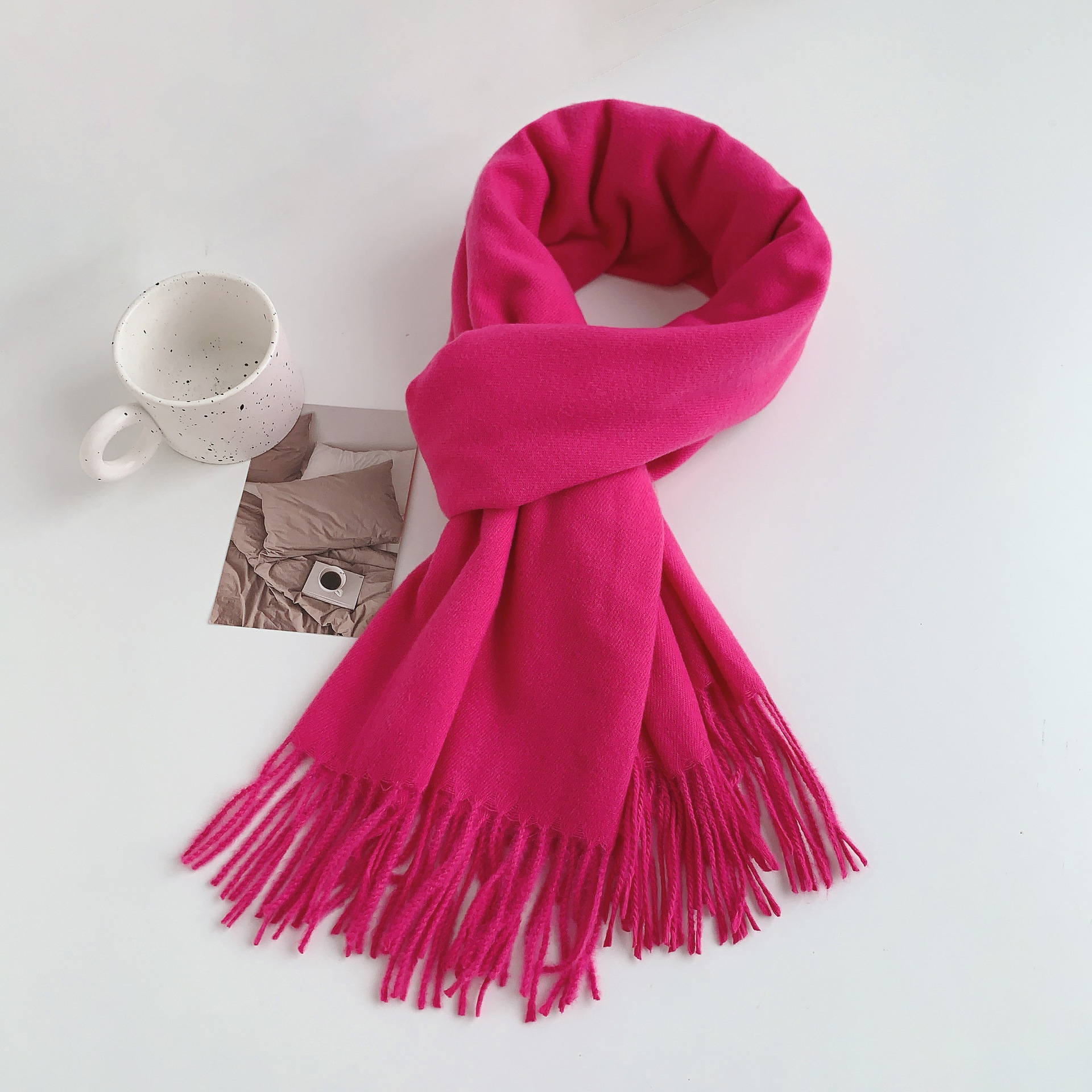 K227 New high-grade imitation cashmere tassel solid color scarf for women in winter Korean style all-match temperament Chinese red scarf wholesale