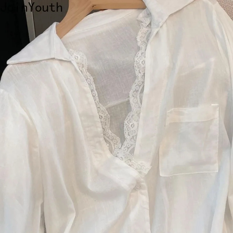 Camisas De Mujer white long sleeved shirt womens shirt patch work lace fashion shirt see through oversized sexy top 250322