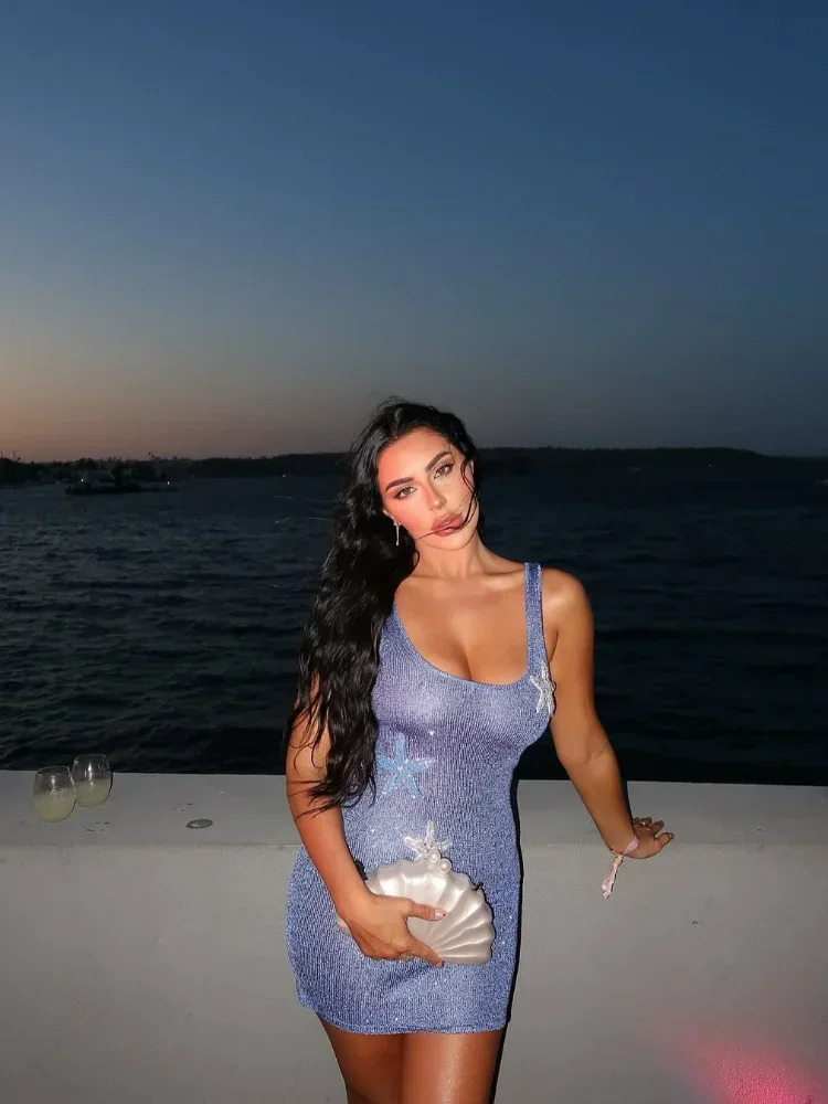 Elegant Sleevelss Shinny Sling Vestdios Fashion Women Sequare Neck Star Printed Slim Mini Dress 2025 Chic Beach Holiday Robes 250324