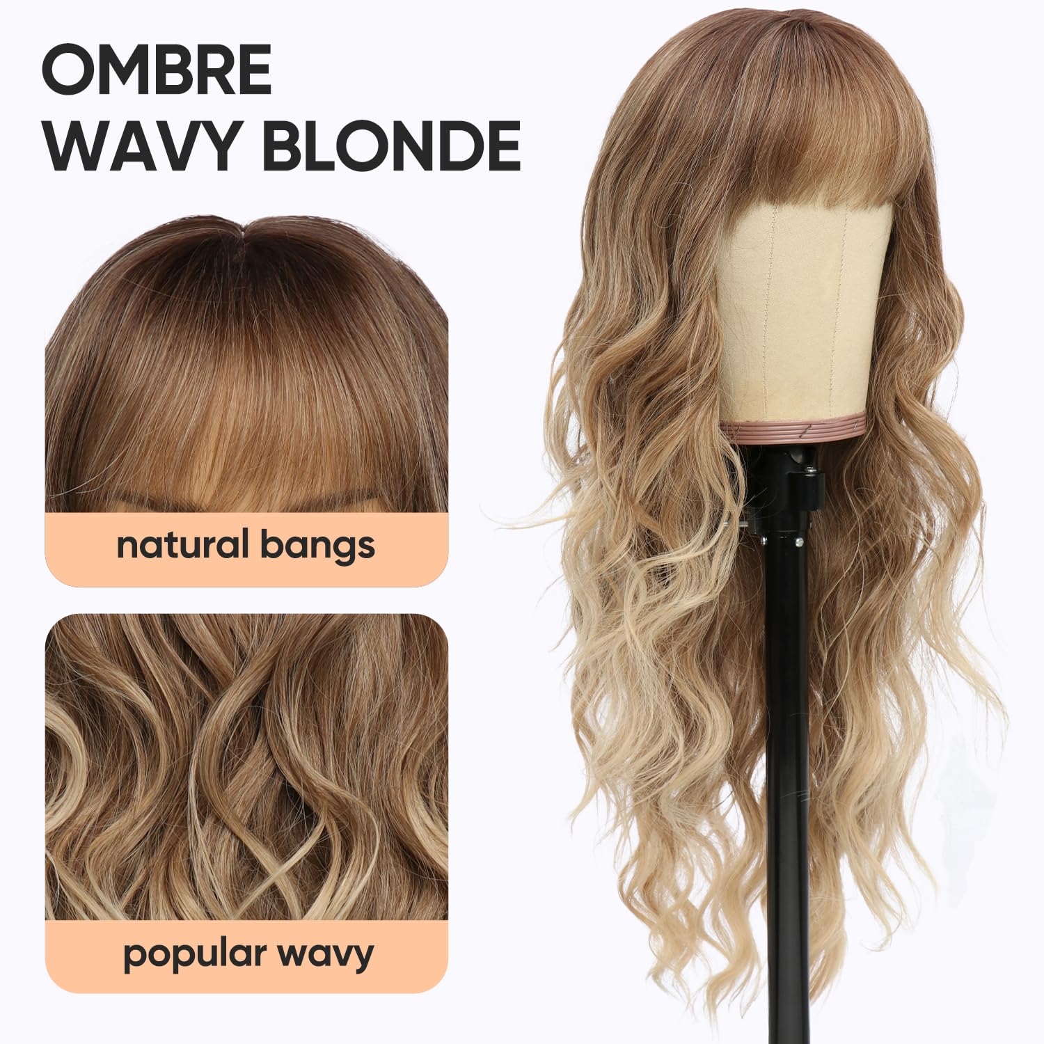 Long Ombre Blonde Wavy Wig with Bangs for White Women Dirty Blonde Natural Looking Female Wigs With Dark Roots Synthetic Fiber Hair Wig for Daily Part