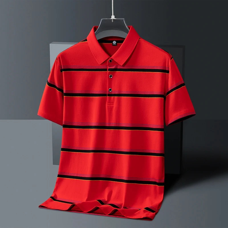 Summer mens polo shirt pure cotton short sleeved Tshirt thin striped business casual breathable pleated top 250311