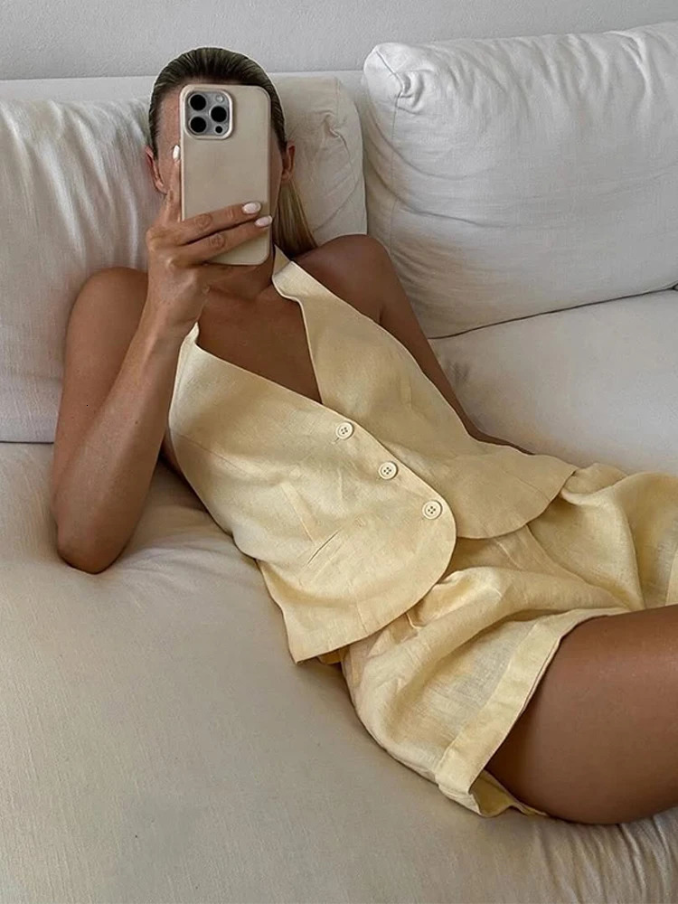 Women Halter Vest Short Suit Lemon-yellow V-neck Single Breasted Sleeve Tops Loose Waist Pockets Sets Female Lady Beachwear 250317
