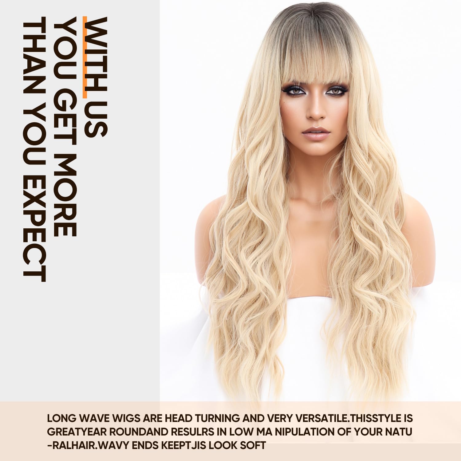 Long Ombre Light Blonde Wig with Bangs Platinum Blonde Wavy Wigs For Women Dark Roots Brown to Blonde Wigs Heat-Resistant Synthetic Wig Suitable for F