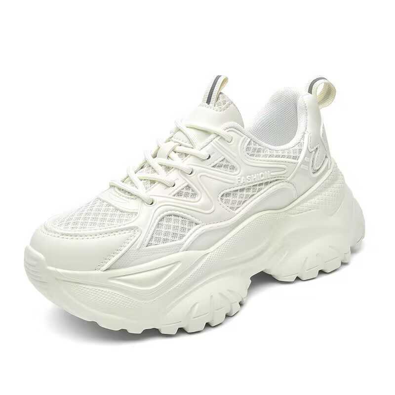 Womens Fashionable Chunky Mesh Sneakers - Breathable Comfortable Elevator Design - Solid Color Trainers for Everyday WalkingC250210