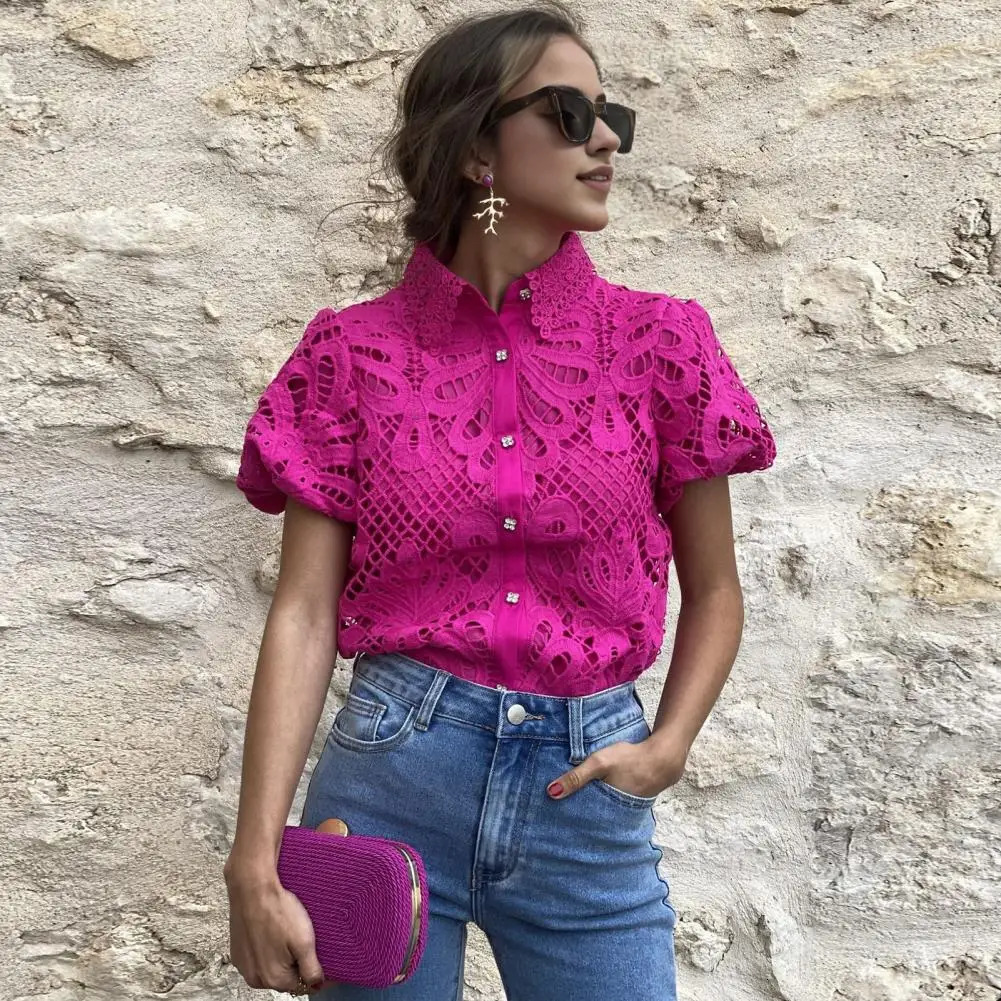 Lace Shirt Top Women Elegant Blouse Lace Crochet Shirt for Women Slim Fit Lapel Short Sleeve Shirt with Puff Sleeves Women 250321