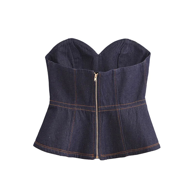 RAFZNB Womens Denim Strapless Tops Fashion Sexy Backless Sleeveless Short Top Female Bustier Tops 250325