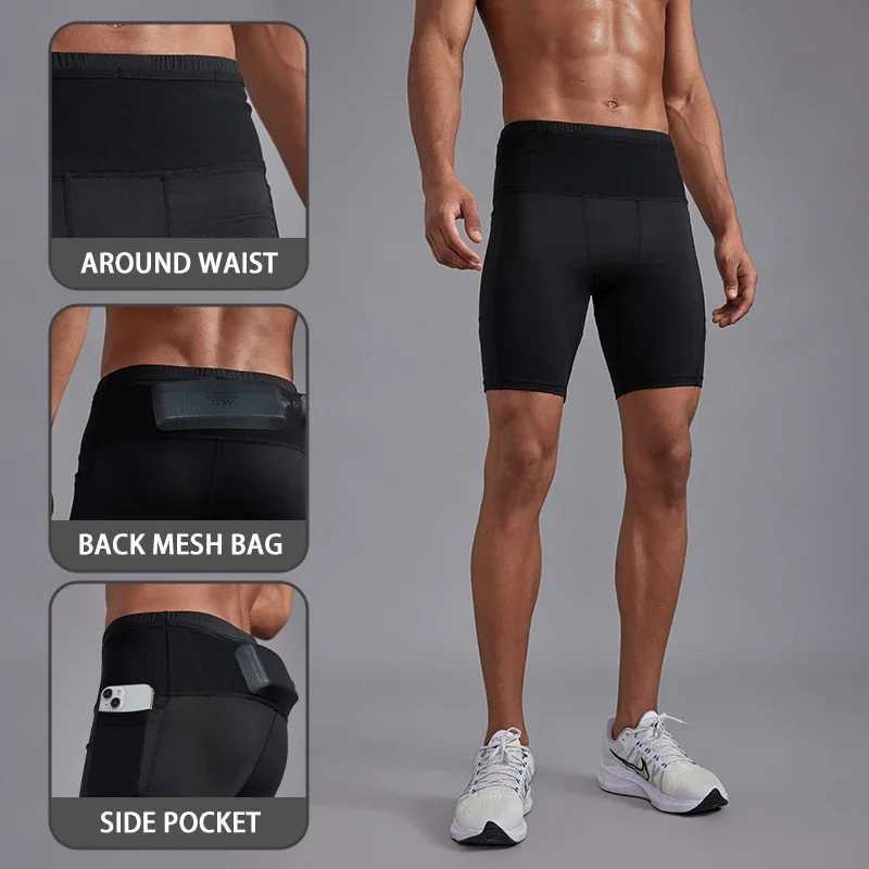 (S-3XL) Mens compression marathon running shorts with waist bag quick drying training fitness tight shorts W250324