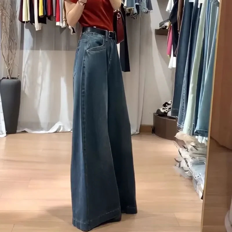 Womens high waisted retro straight leg denim mens loose and loose wide leg pull pants fashion version 250321